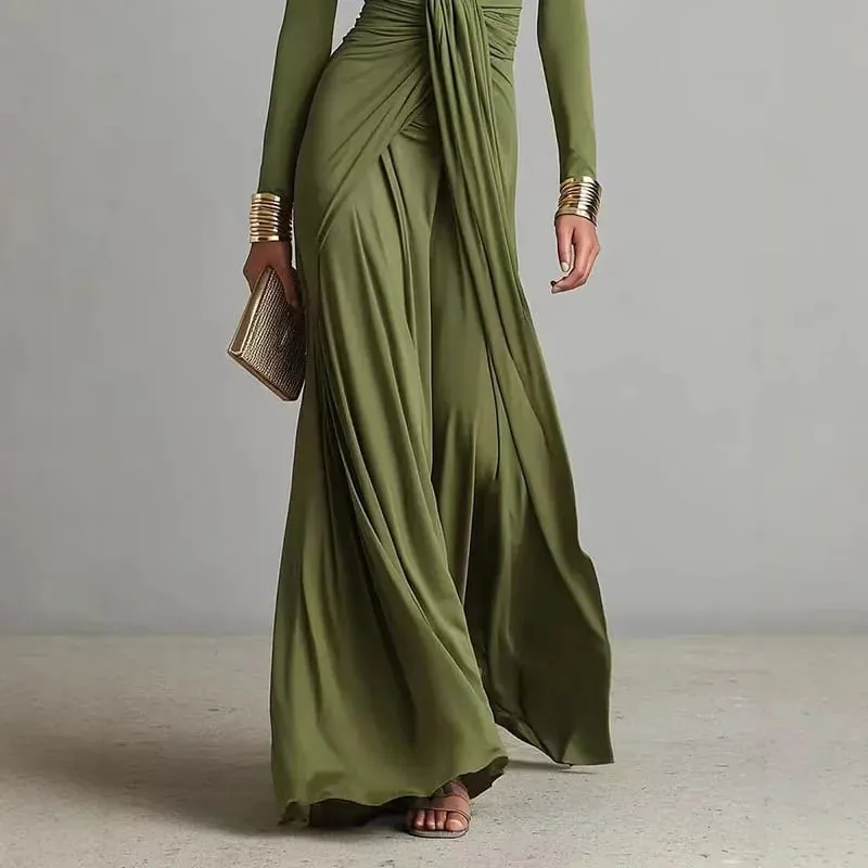 Women's Elegant Deep V Neck Maxi Dress Spring Twist Knot Ruched Floor-Length Evening Gown Autumn New Long Sleeve Slim Boho Dress