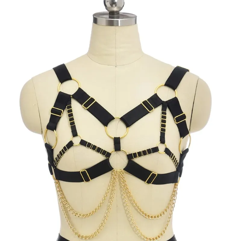 Bra Sangkar Pengekang Tubuh Elastis Gotik Set Lingerie Seksi Penyesuaian Berongga Pakaian Pertunjukan Bulu Halloween Punk Tali Kekang