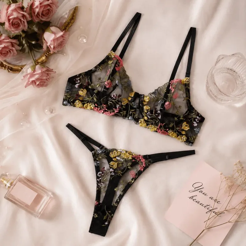 Versatile Transparent Lingerie Set Ultra-thin Push Up Embroidery Floral Underwear Elegant Panties Bra Set Girl