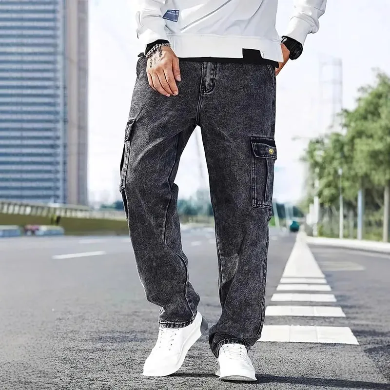 Korean Casual Comfortable Loose Fitting Jeans For Men Large Pocket Jeans Seasons Straight Leg Pants Work Pants