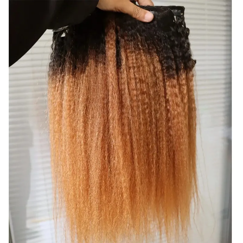Ombre Two Tone 1B 30 Kinky Straight Human Hair Clip In Extensions Coarse Yaki Virgin Remy Indian Hair Clips In Hair