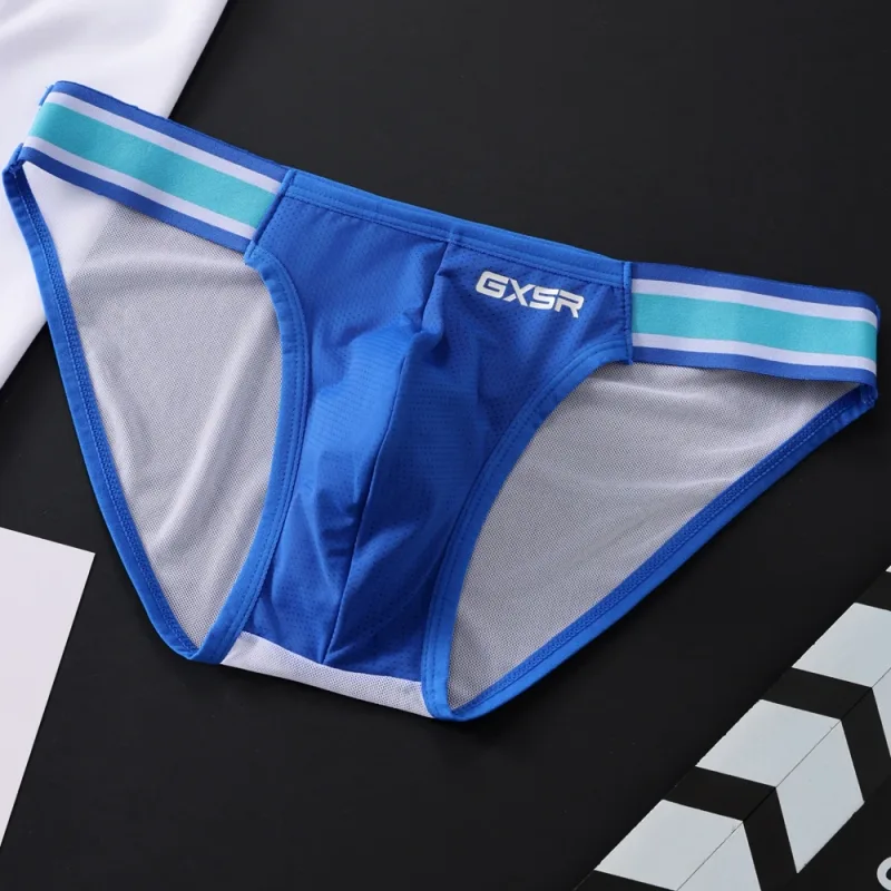 New GXSR splicing side waist high fork men's briefs threaded ice silk fashionable low waist sports hip lift men's underpants