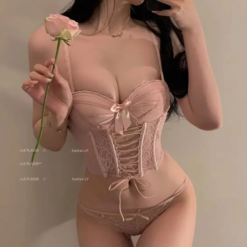 Bra Set Sweet Fishbone Halter Tank Top with Bra Pads Gathered Top Thin Bottom Thick Design Women's Lingerie Set — image 4