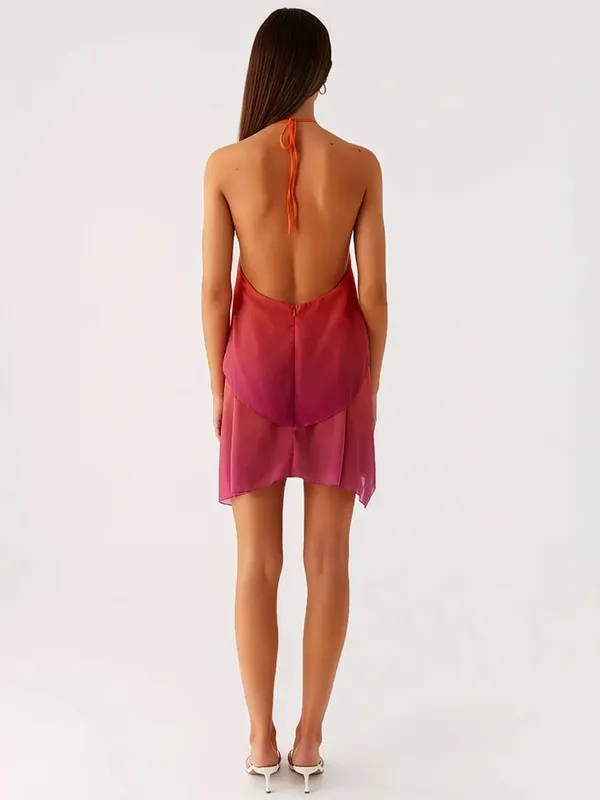 Mozision Gradient Halter Backless seksowna Mini sukienka damska suknia elegancki siatkowy zamek błyskawiczny Off-ramię bez rękawów klubowe sukienki imprezowe
