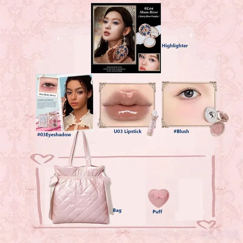 Flower Knows Knight Unicorn Complete Makeup Collection Shimmer Eyeshadow Silk Satin Blush Glazed Lipstick Face Beauty Gift Set