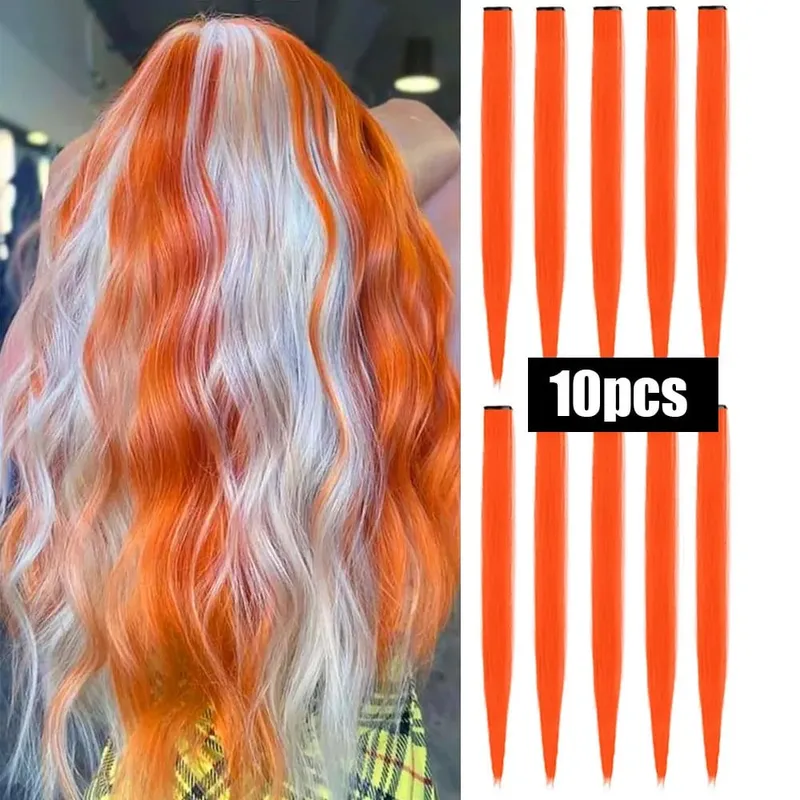 10 PCS Colored Hair Extensions Straight Hairpiece Multi-colors Party Highlights Clip in Synthetic for Women Girls Cosplay Gift