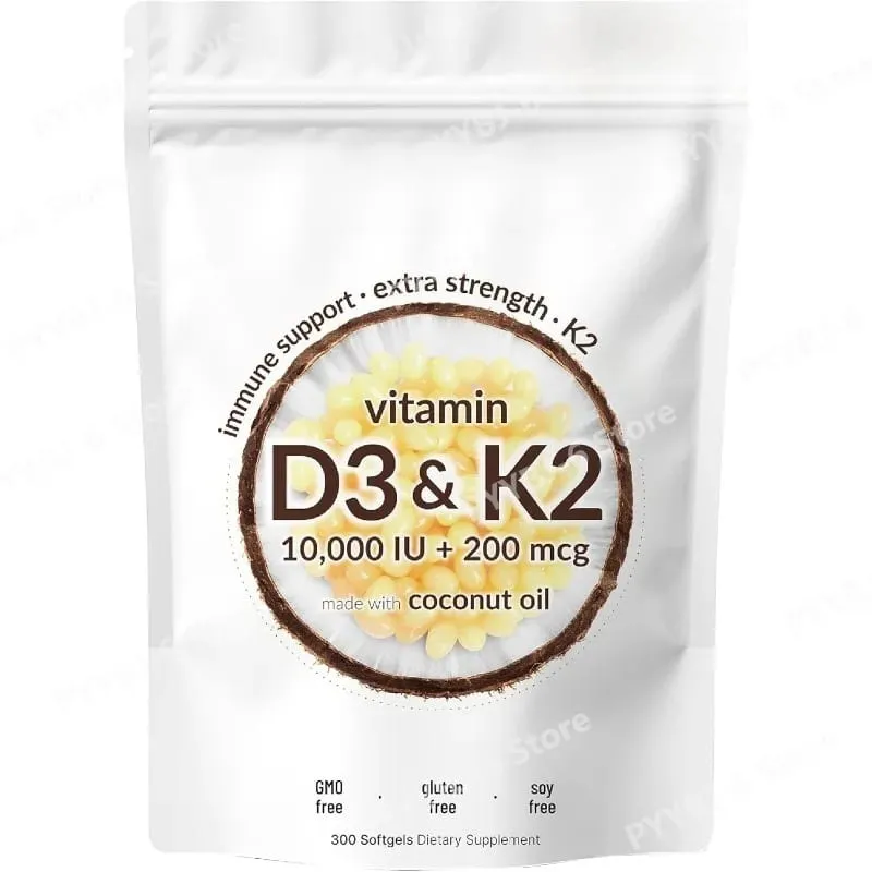 Vitamin D3 & K2 Supplement 10 000 IU Supports Overall Health & Bone Health Non-GMO Gluten Free 300 Softgels for Adult