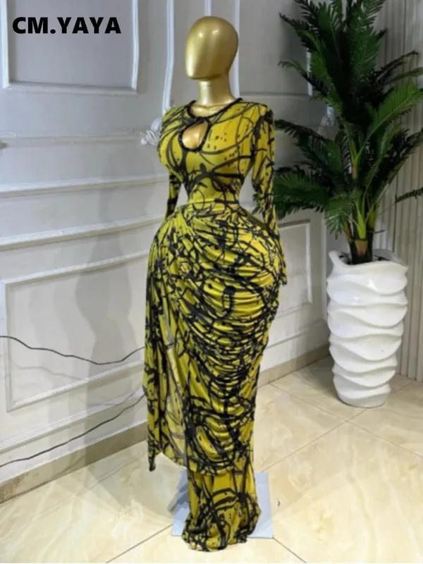 CM.YAYA Kadın Çizgili Baskı Şerit Dantelli Uzun Kollu Bodycon Maxi Uzun Elbise 2026 Seksi Doğum Günü Partisi Eğitim Trendy Elbiseler