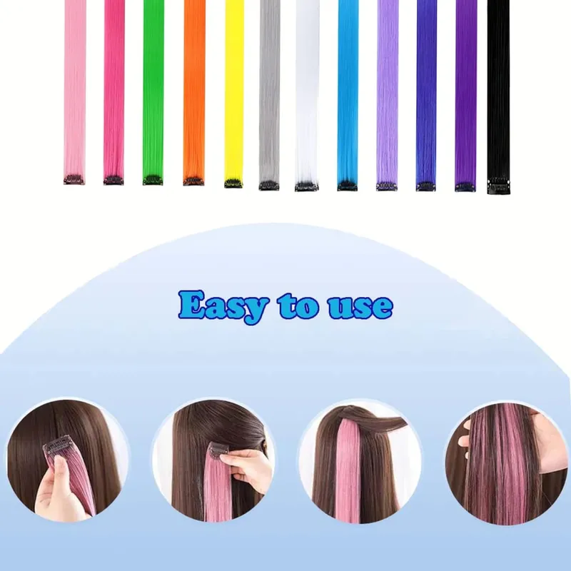 5Packs Colored Hair Extensions 22Inch Straight Color Clip in on Hair Extension Rainbow Party Highlights Synthetic Hair
