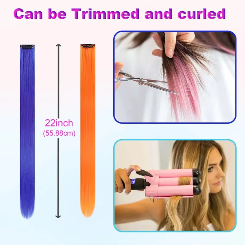 5Packs Colored Hair Extensions 22Inch Straight Color Clip in on Hair Extension Rainbow Party Highlights Synthetic Hair