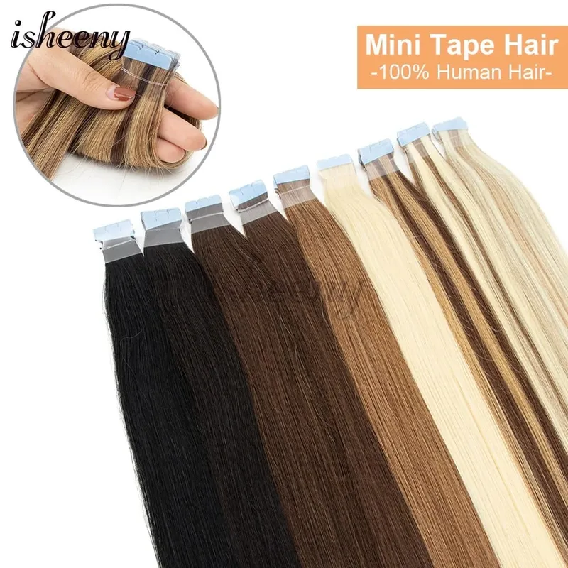 Mini Tape In Human Hair Extensions Natural Straight 10pcs/pack Invisible Machine Remy Hair Extensions 12-20 inches Easy to Wear