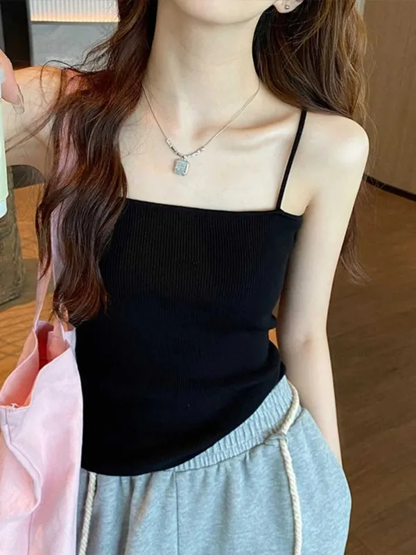 여름 민소매 캐미 백 레스 스트랩 탱크 탑 캐주얼 여성 홀터 자르기 탑 슬림 솔리드 짧은 여성 튜브 자른 조끼 2026