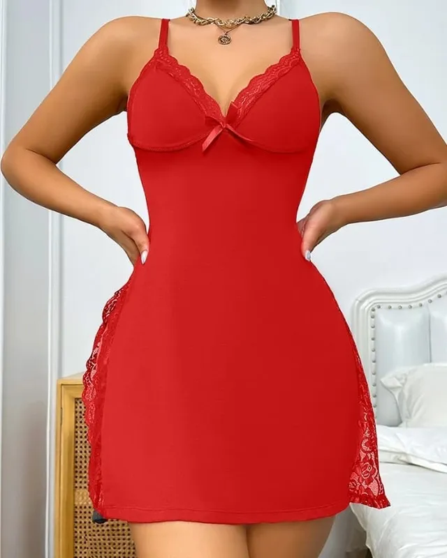 Womens Dresses 2024 여름 격자 무늬 인쇄 Crisscross Backless Sleep Dress 대비 레이스 플 런지 민소매 잠옷 잠옷