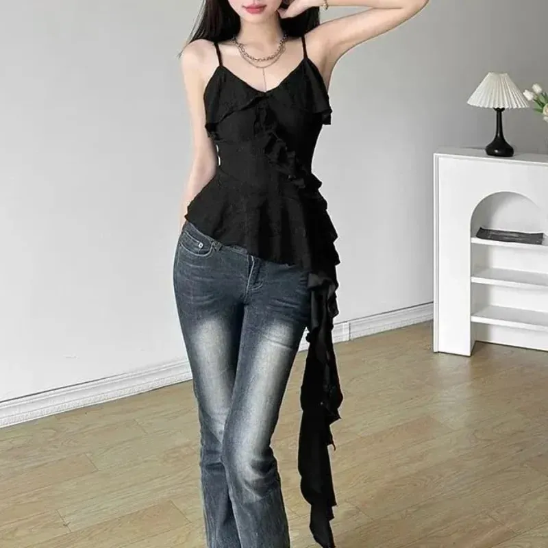 Y2K Hotsweet Women Camisole Gothic Ruffle Tank V-Neck Sleevless Tops Sexy Lady Irregular T-Shirts&Blouses Streetwear All-match
