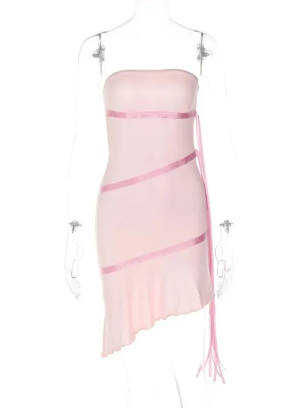 Puffy Belt Y2k Dress For Women Strapless Vestidos Elegantes Para Mujer Ruffle Edge Mini Dresses Sleeveless White Club Outfits