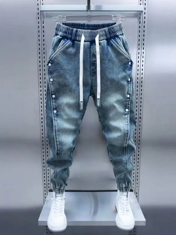 Drawstring Menswear Clothing Handsome Spring New Men's Jeans Korean Elastic Waist Buttons Decorative Fashion Harlan Pants Men — image 6