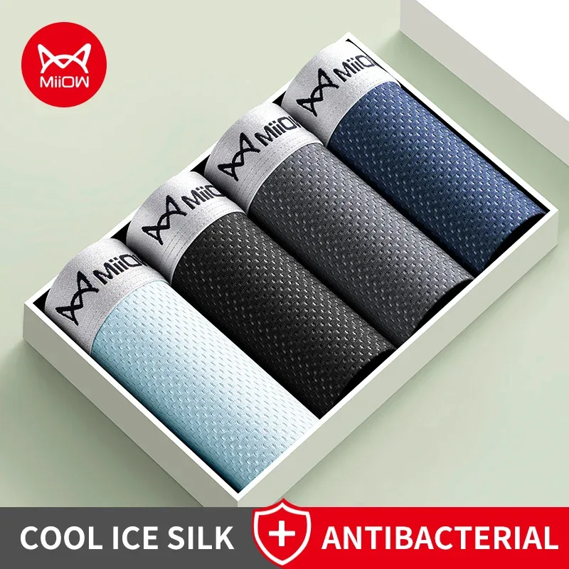 MiiOW 4Pcs Ice Silk Men's Boxershorts Breathable Mesh Mens Underpants Boxers 7A Antibacterial Crotch Man Underwear Mens Panties