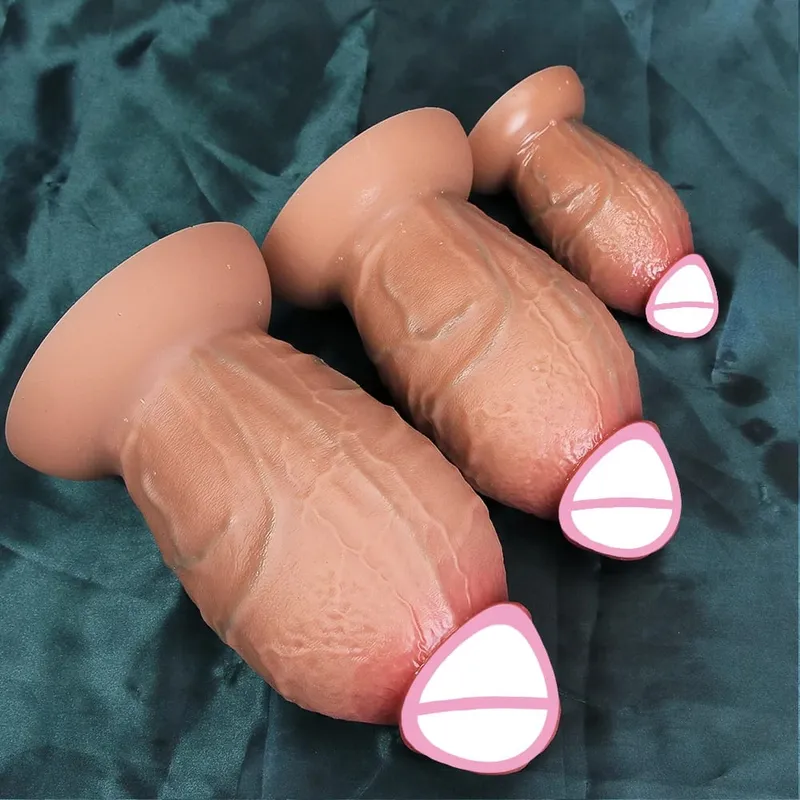 Realistické měkké hnědé tlusté dildo 3 velikosti obrovský falešný penis dvojitý silikonový kohout žena muž masturbace přísavka anální sexuální hračky — image 3