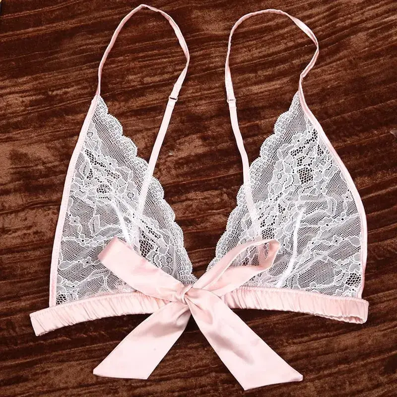 Lingerie sexy francese con volant in pizzo, reggiseno e slip senza ferretto con set di biancheria intima con giarrettiera, tentazione, set di reggiseno ultra sottile