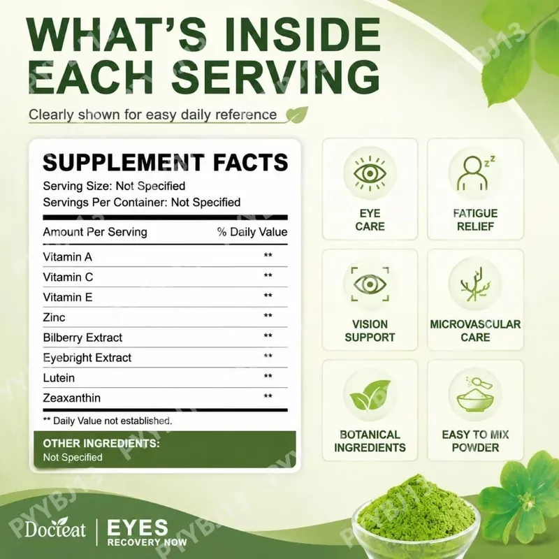 Docteat Eye Health Support Supplement Powder Lutein Zeaxanthin Bilberry Eyebright Zinc Vitamins A C E Botanical Blend 200g 7oz