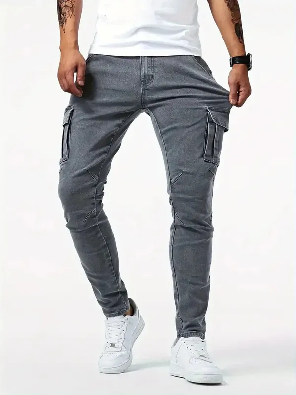 Men's street stretch denim jeans washed solid color multi pocket work pants casual slim fit daily wear jogging pants mid wa