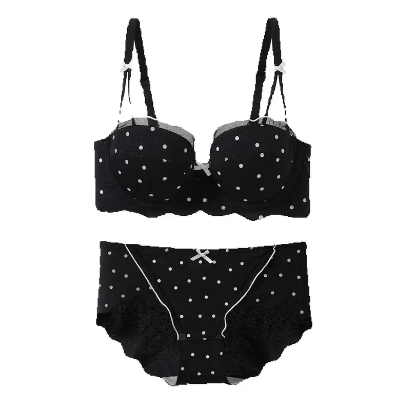 Lace Polka Dot Bra Two-Piece Set Small Bust Gathering Anti-Sagging Side Breast Collection Comfortable Wire-Free Lingerie Set