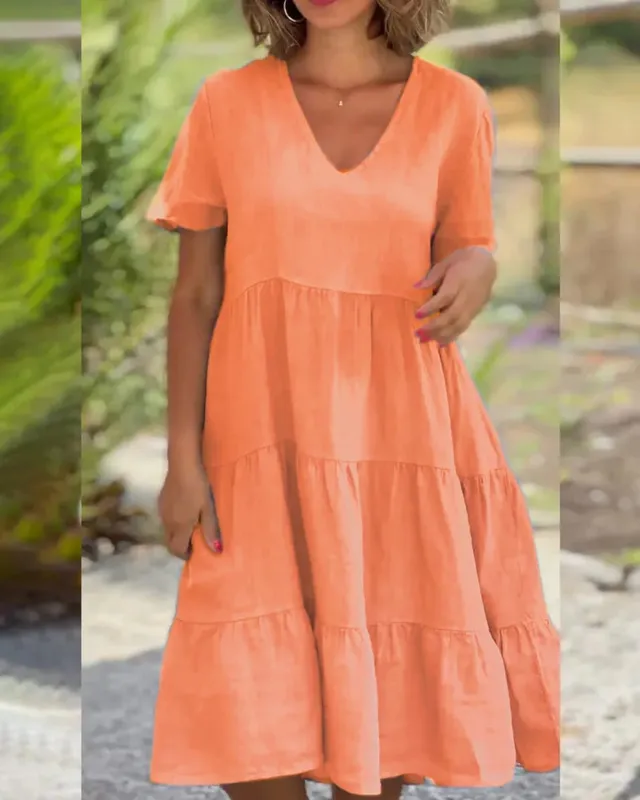 Abiti casual da donna in lino di cotone 2025 Primavera / Estate Dolce manica corta Scollo a V solido Abito ampio altalena S-5XL