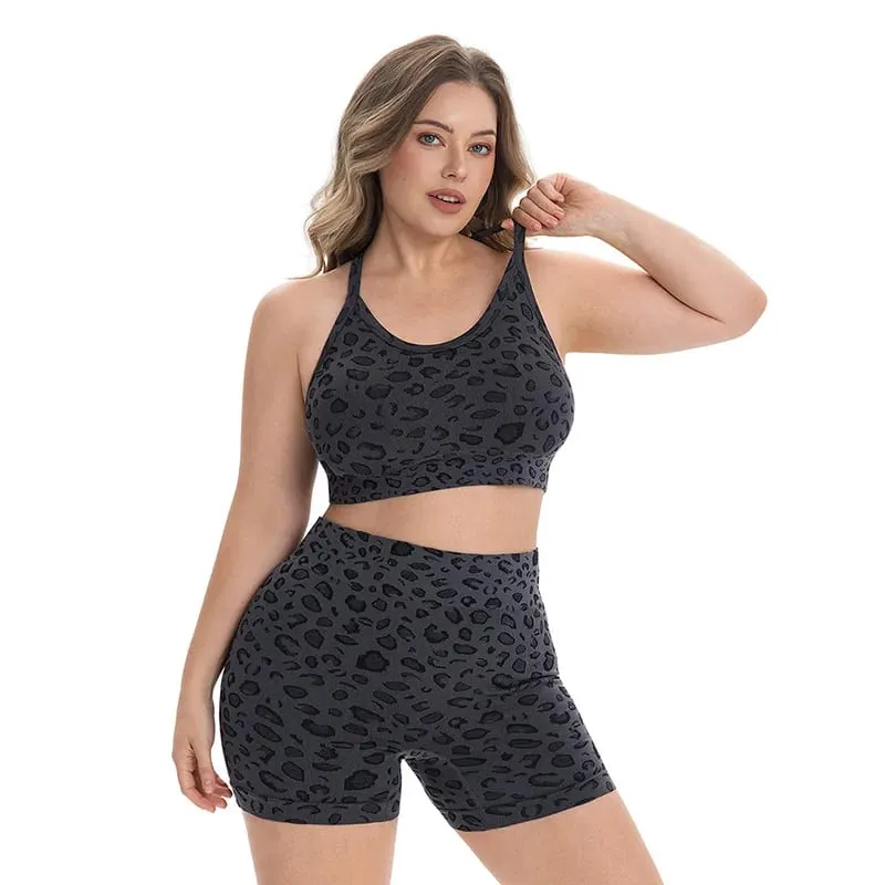 Women Plus Size Leopard Print Workout Set High Waist Tummy Control Shorts Padded Racerback Sports Bra 2PCS Gym Yoga Running Wear