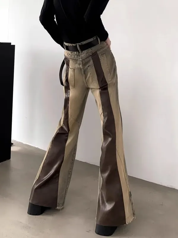 Trashy Y2K 2000S Pu Leather Patchwork Slim Flare Jeans Pants For Men 90S Vintage Clothes Colorblock Denim Trousers Moda Hombre