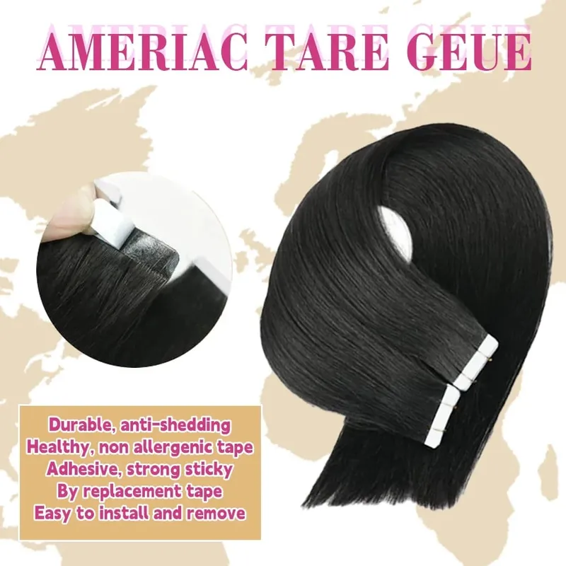 Tape In Hair Extensions Remy Human Hair 20pcs Straight Seamless Skin Weft Tape Hair Extensions Natural Black Hair For Women — image 5