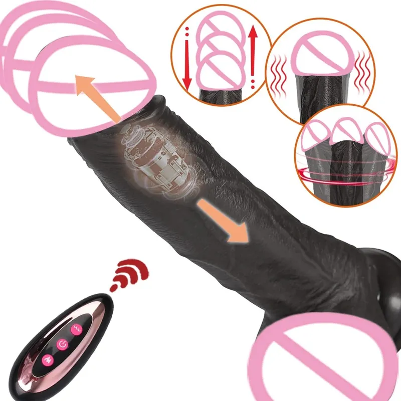 Thrusting Black Realistic Penis Dildo Male Dick Telescopic Rotating Heating G Spot Clitoral Anal Stimulation Vibrator Sex Toy — image 1