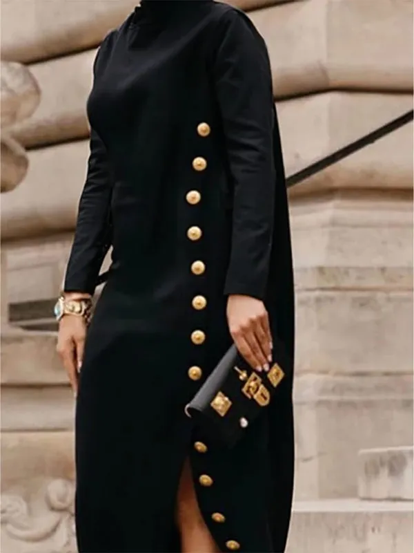 Elegant Women's Buttoned Split-Side High Neck Evening Black Dress 2026 Fashion Long Sleeves Loose Commuter Office Maxi Dresses