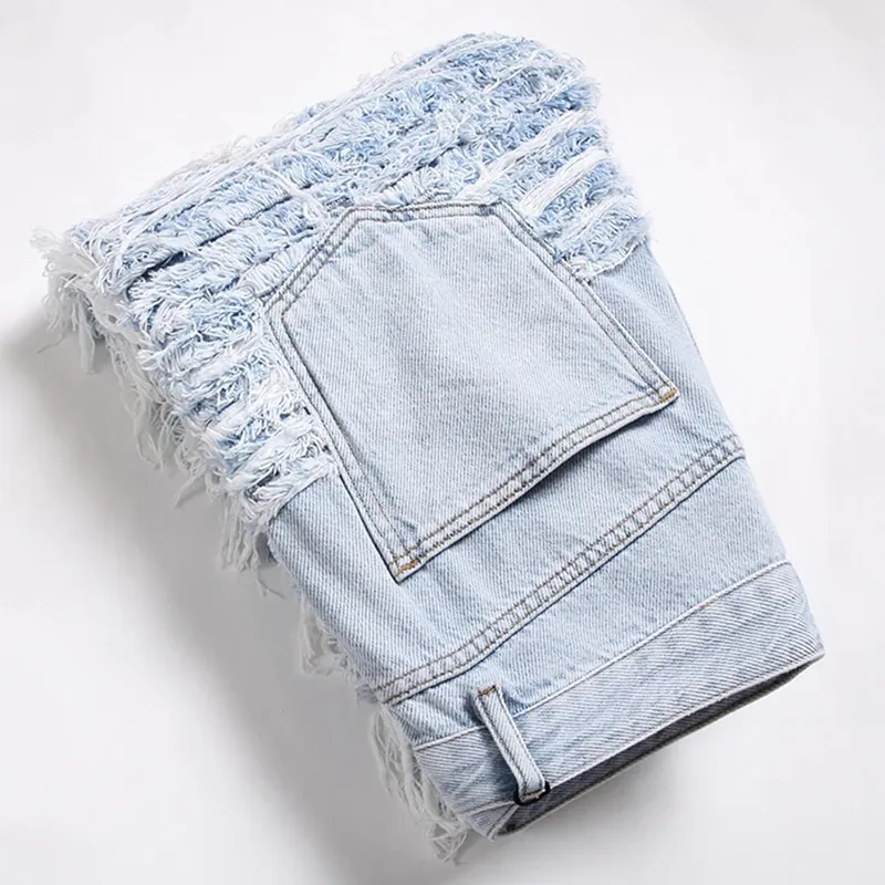 Men's Light Blue Fringe Denim Jeans Ripped Distressed Destroyed Streetwear Pants with Patches Patchwork Loose Fit Trousers