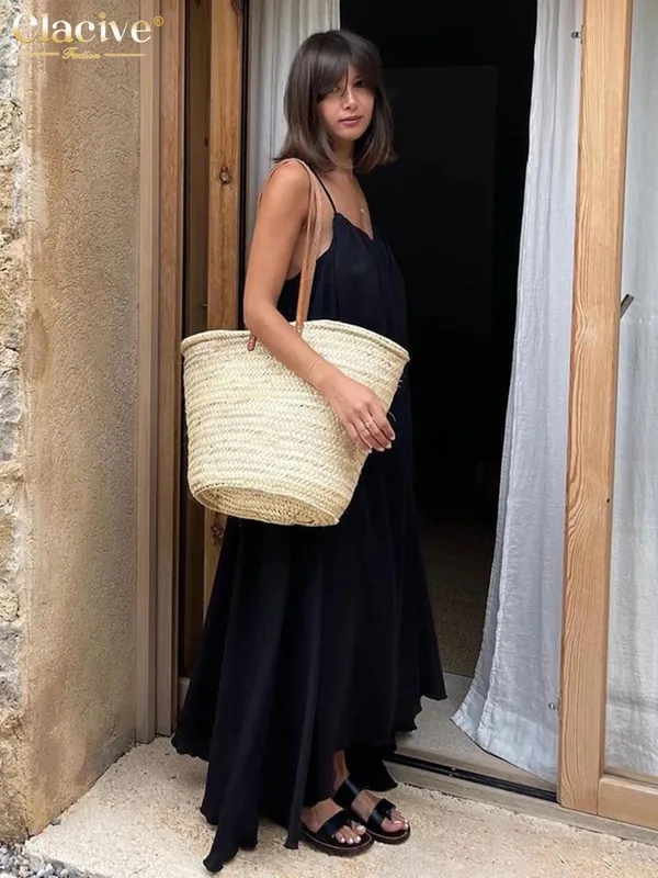 Clacive Summer Loose Black Women'S Dress 2023 Fashion Strap Sleeveless Ankle-Length Dresses Elegant Backless Female Sundress