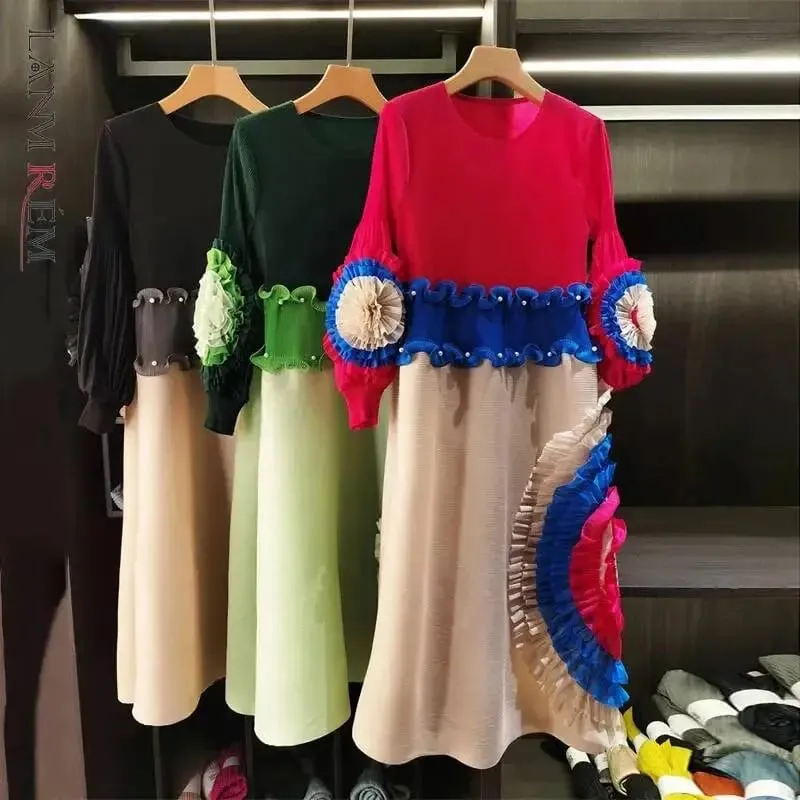 Pleated Tie Flower Long Sleeve Women's Dress Chic New Loose Colorblock Patchwork Design Beading Famale Clothing 2DB6651