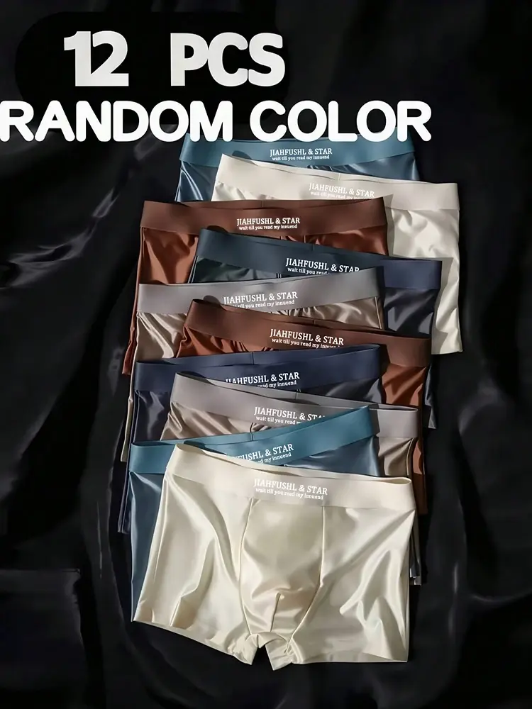 12pcs Random Men Boxer Shorts High Elasticity Breathable Smooth Cool Ice Silk Satin Shorts Panties Solid Color Thin Panties