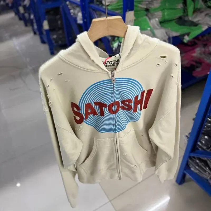 New Arrival Satoshi Zip Hoodie Destroyed Hole Design Loose Cotton Casual Outdoor Jacket Tops