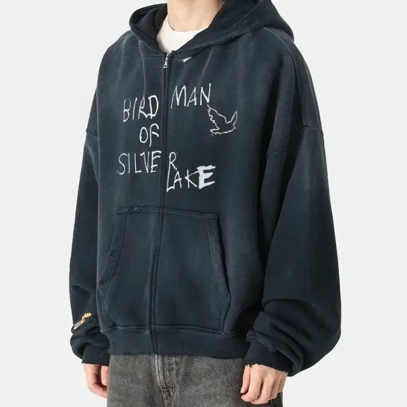 Nouveau surdimensionné PALY sweat à capuche pour homme femme lavé noir endommagé meilleure qualité décontracté Vintage Cardigan Zip sweats