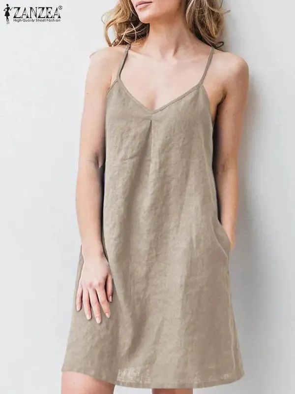 2023 ZANZEA Women Summer Backless Straps Dress Solid Sleeveless V-Neck Sundress Female Casual Robe Party Beach Vestidos Oversize
