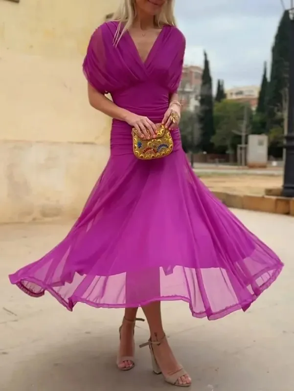Kvinder Solid Dyb V-hals Mesh Lang Kjole Elegant Puff Kortærmet Rynket Talje Høj Vestidos 2026 Summer Lady Casual Street Robe