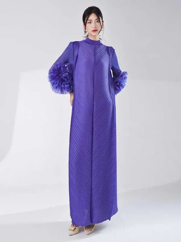 Long Pleated Dress With Ruffles Sleeves Loose Solid Color Stitching Female Party Clothing Summer New Clothes 2DA5900