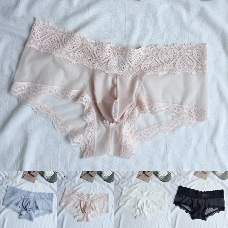 Cuecas masculinas de seda gelo com acabamento de renda fina e sem costura brilhante bolsa 3D calcinha leve confortável lingerie diária