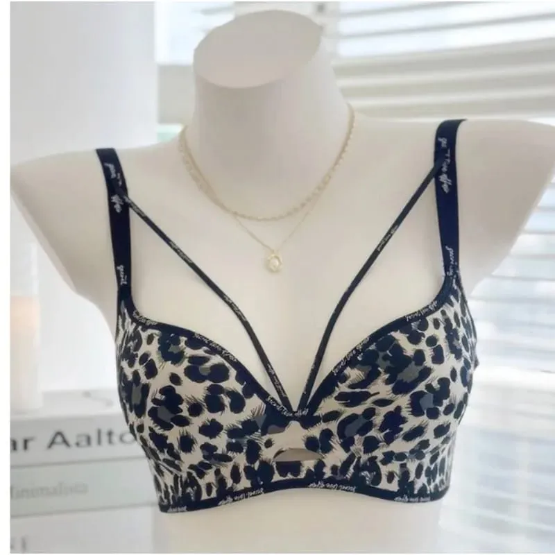 Chic Leopard Print Patchless Seamless Lingerie No Steel Ring Soft Thin Comfort Gather Small Breast Perfect Breast Shape S-XL set