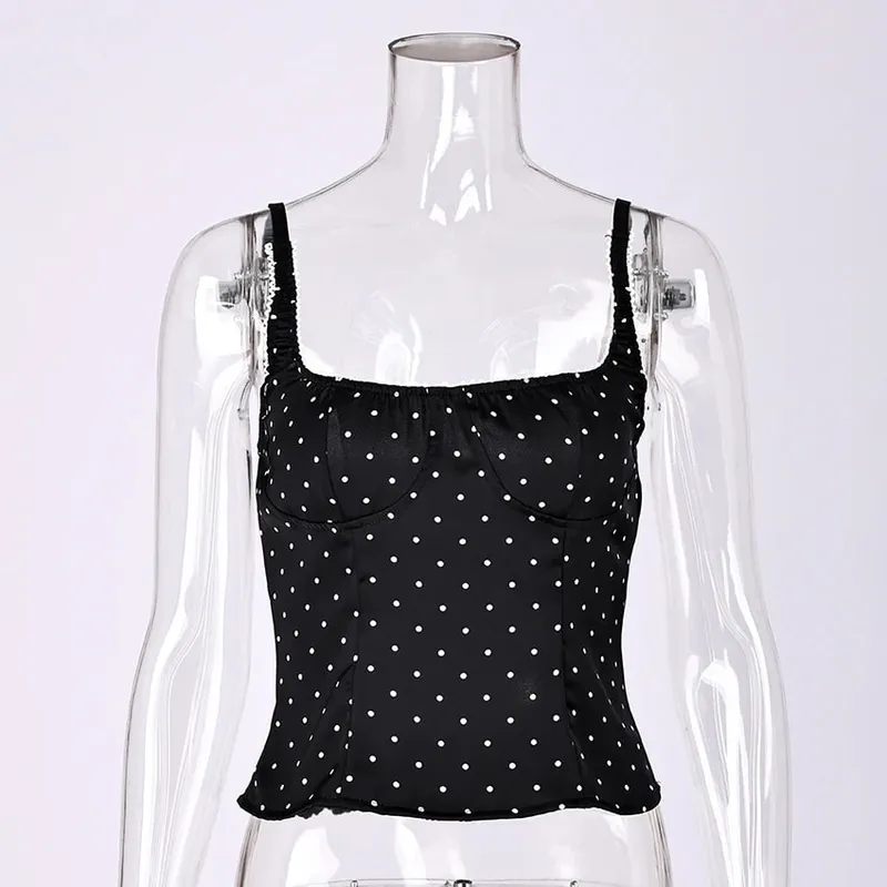 Linad Sexy Backless Polka Dot Tank Top Elegant Satin Spaghetti Strap Lace Camis Street Chic Sleeveless Vest Female 2025 Summer