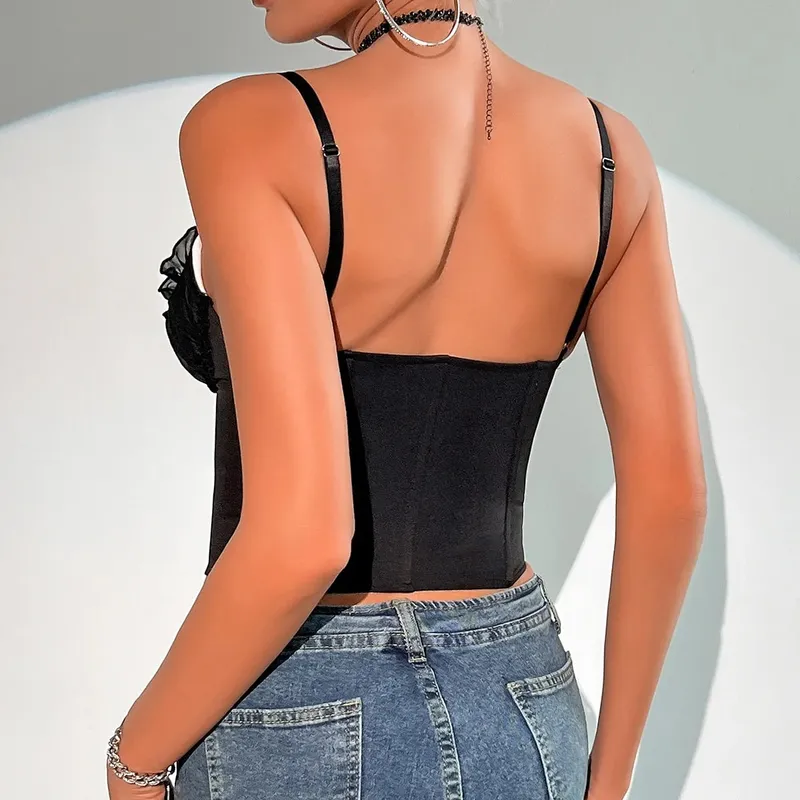 Sexy scollo a V Y2K Crop Top in pizzo patchwork pieghettato Bowknot corsetto Top sexy backless sottile canotta forma del corpo a lisca di pesce Bustier