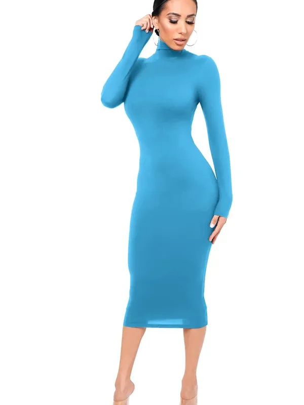 Vinter Svart Turtleneck Sexig Damklänning Höst Långärmad Skinny Midi Boydcon Casual Blå Plysch Knälång Party Club