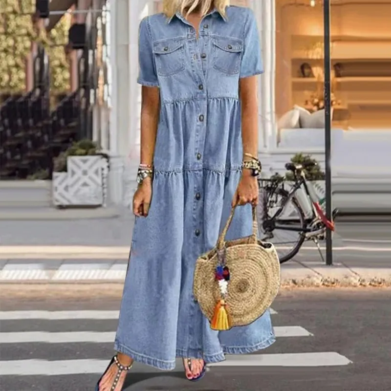 Retro Women Dresses 2022 Short Sleeve Turn Down Collar Pockets Button Long Loose Denim Dress Summer Long Dress — image 4