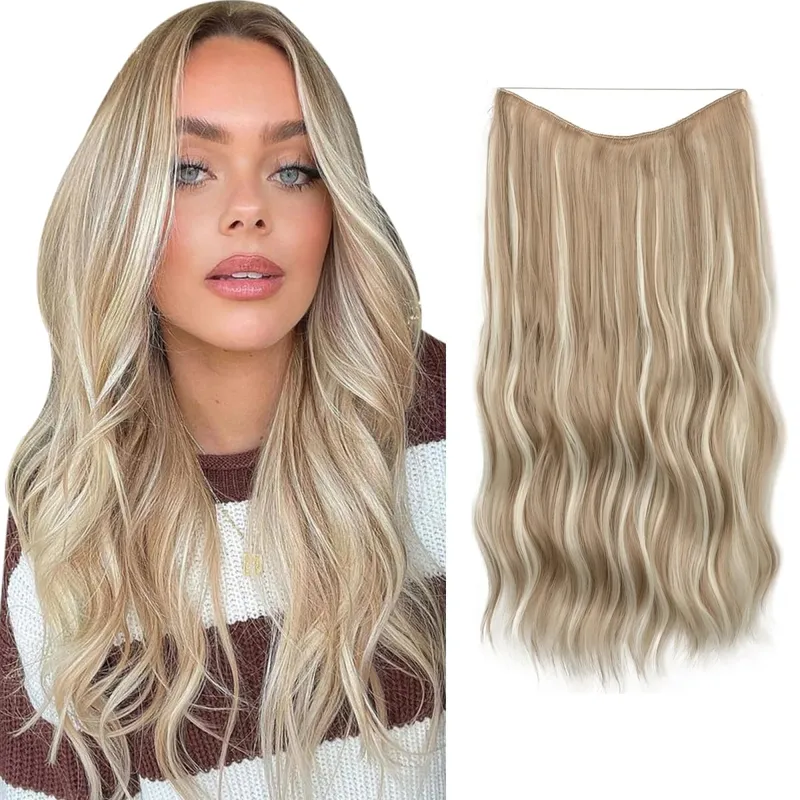 Synthetic Wave Invisible Wire With Clips Hair Extensions Fish Line Natural Blonde Clip In Hairpiece Fake Hair Piece