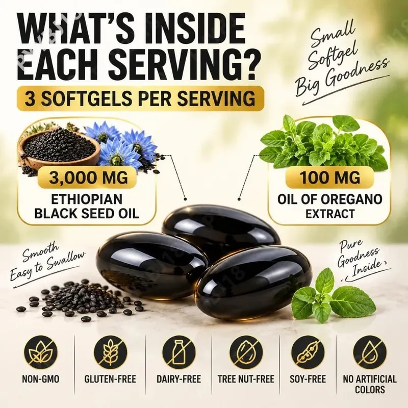Ethiopian Black Seed Oil 3000mg Softgels with Oil of Oregano Supports Immune Health Digestive Balance & Daily Vitality 120 Count