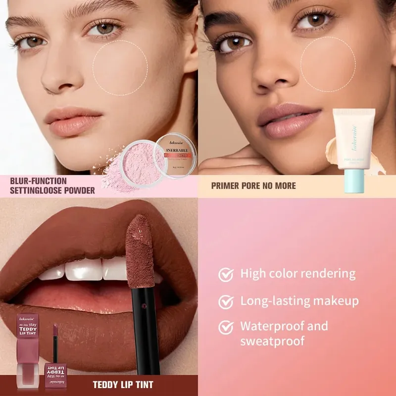 4pcs/set Pore No More Primer + Lip Tint + Loose Setting Powder Makeup Set Matte Long-Lasting Waterproof Effect Travel Portable — image 4